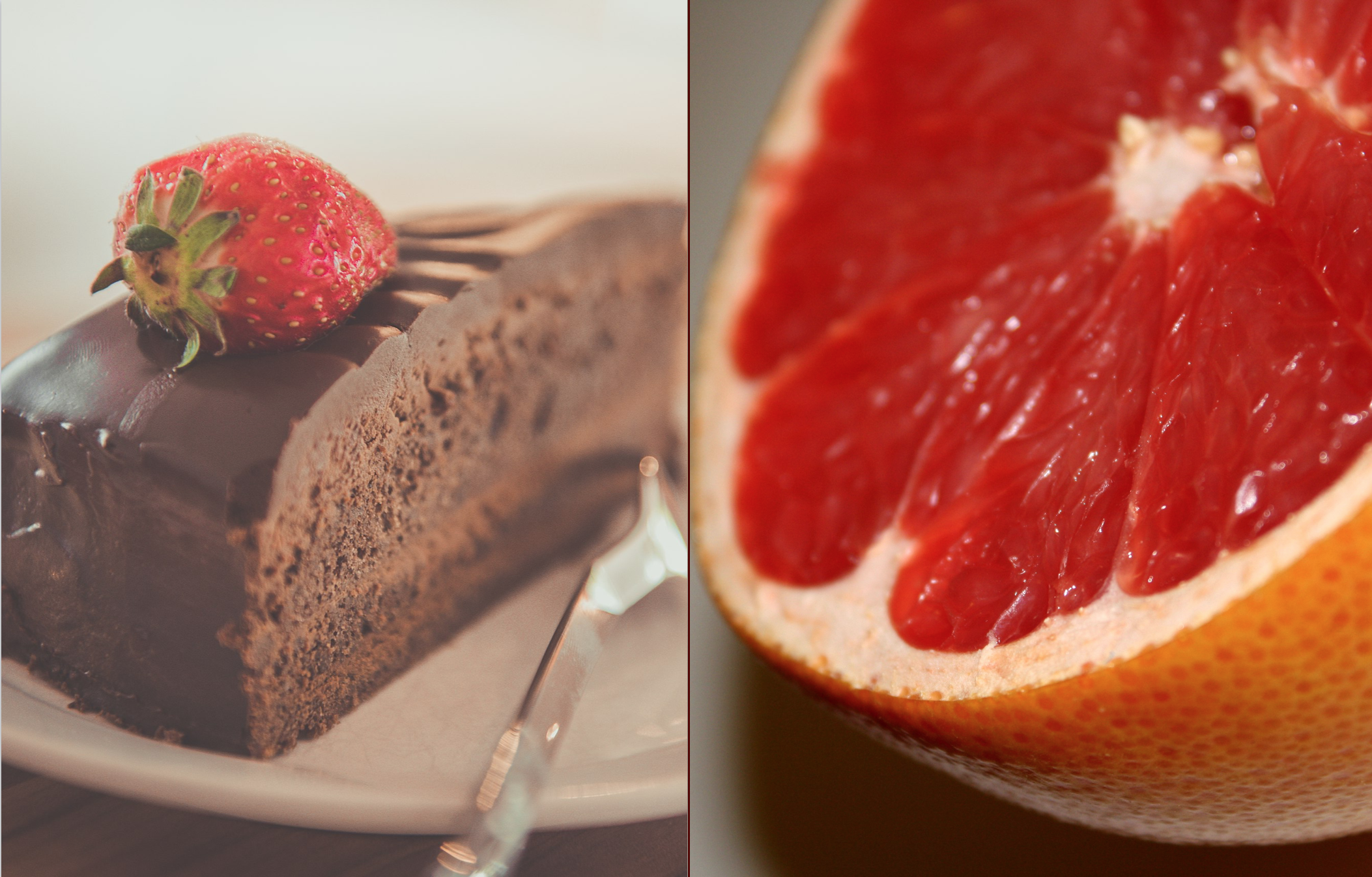 Süß oder bitter Schokoladetortenstück mit Erdbeere vs. Grapefruit