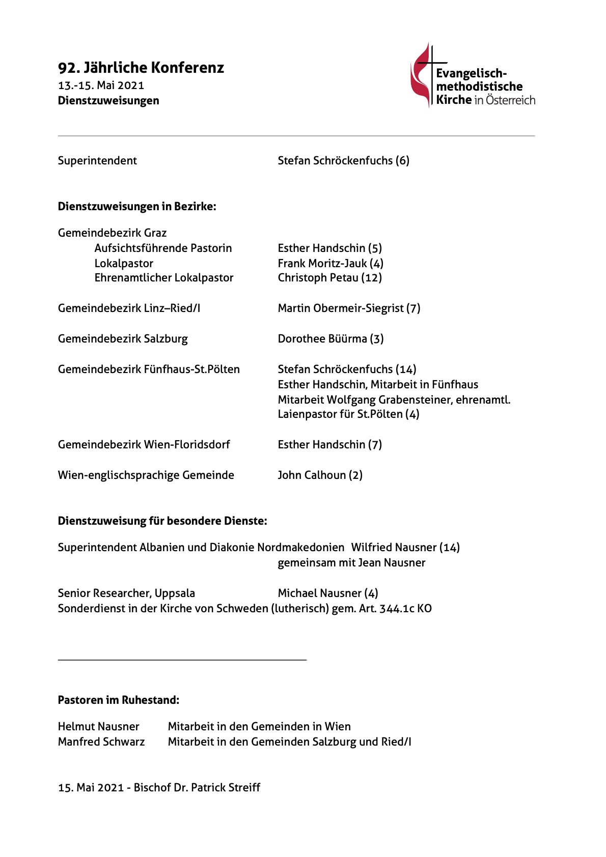 Dienstzuweisungen der EmK Österreich