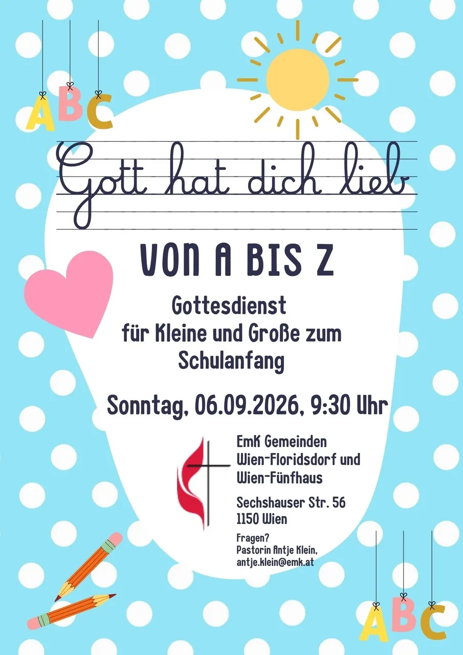 Gott hat dich lieb von A bis Z! Gottesdienst zum Schulanfang in Fünfhaus mit Floridsdorf 2026