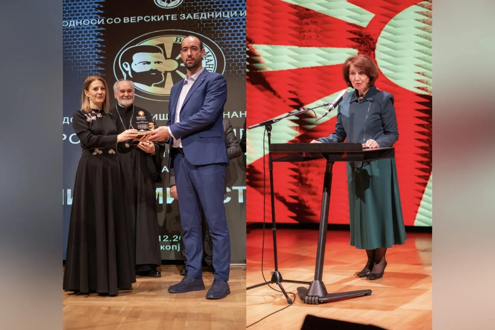 Doppelte Ehre für methodistisches Diakoniezentrum »Miss Stone« Das Diakoniezentrum «Miss Stone» in Strumica (Nordmazedonien) erhielt am 11. Dezember zwei Auszeichnungen für seine umfassende Hilfe an Bedürftige. Olivera Trajkovska, die Direktorin der Kommission für Beziehungen der religiösen Gemeinschaften und Religionsgruppen, übergibt Martin Konev, dem Exekutivdirektor der Diakonie Nordmazedonien, den Preis. Rechts die Präsidentin der Republik Nordmazedonien, Prof. Dr. Gordana Siljanovska Davkova, bei ihrer Ansprache.