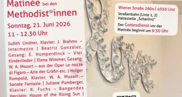 Einladung zu einer Matinee in der EmK Linz. Im Hintergrund, der Schriftzug "love", der im Kirchenraum hängt.